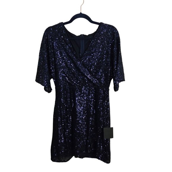 Lulus NWT Weekender Navy Blue Faux Wrap Sequin Mini Dress Size L - Picture 2 of 11